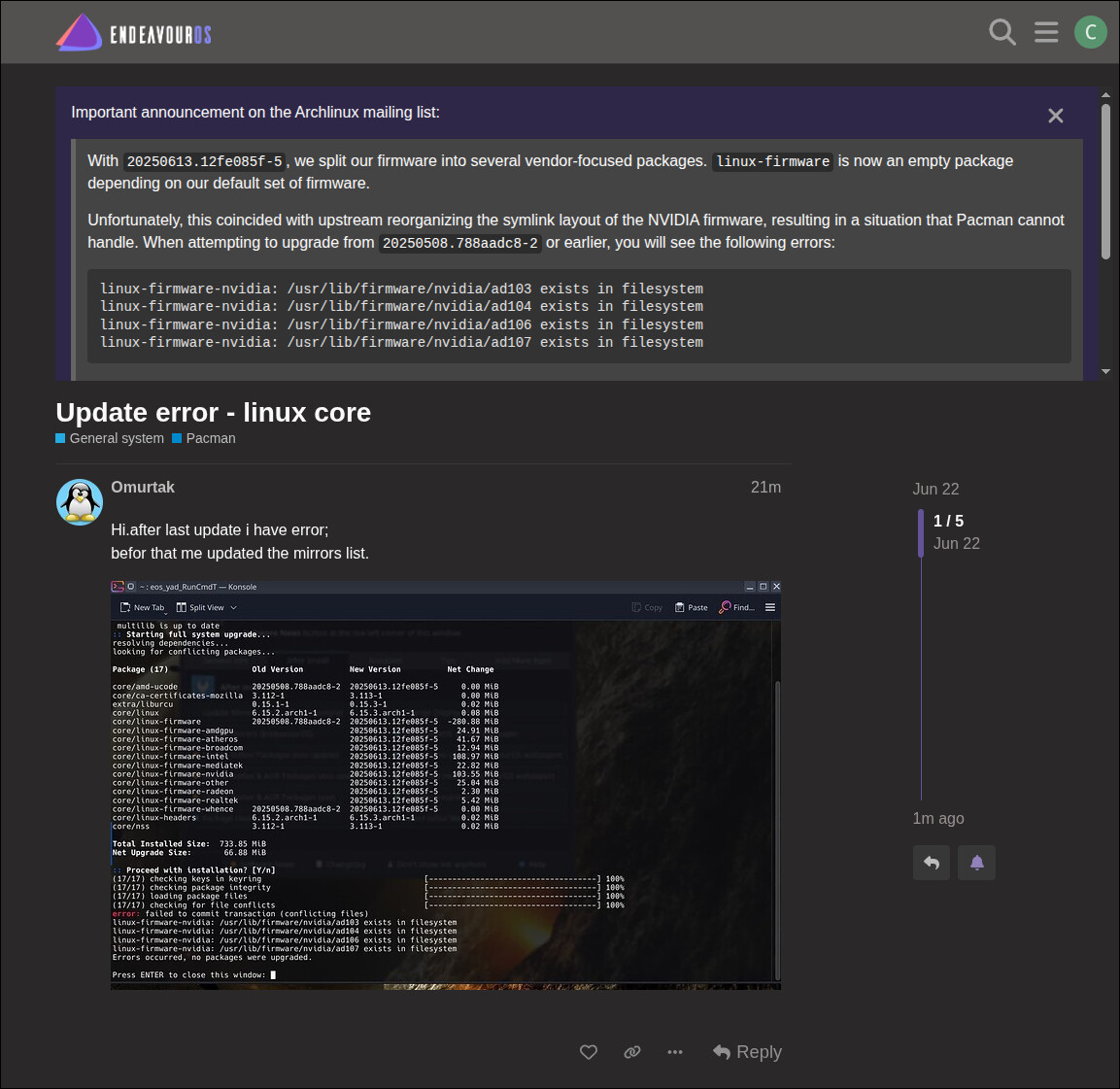 Update error - linux core - Pacman & AUR helpers - EndeavourOS