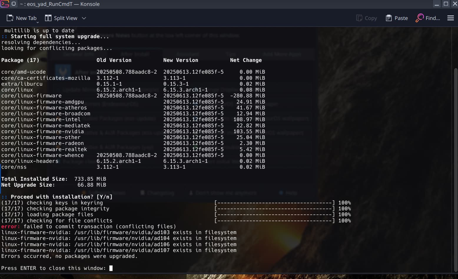 Update error - linux core - Pacman & AUR helpers - EndeavourOS