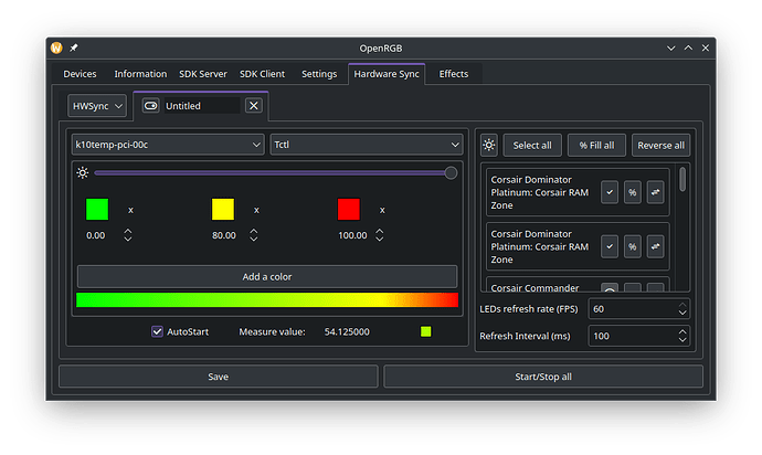 OpenRGB showing my hardware sync plugin settings, set to yellow if set to 80 degrees, green if below, and red if it's 100