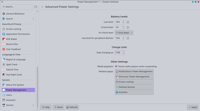 KDE Power Settings