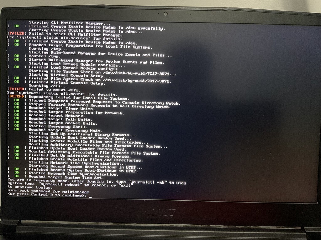 Failed to start CLI Netfilter Manager and failed to mount /efi - Newbie ...