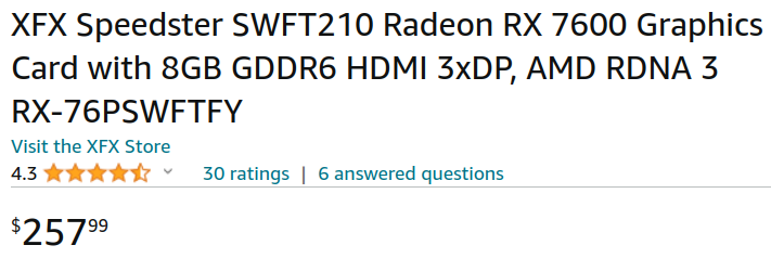 XFX Speedster SWFT210 Radeon RX 7600 Graphics Card with 8GB GDDR6 HDMI  3xDP, AMD RDNA 3 RX-76PSWFTFY