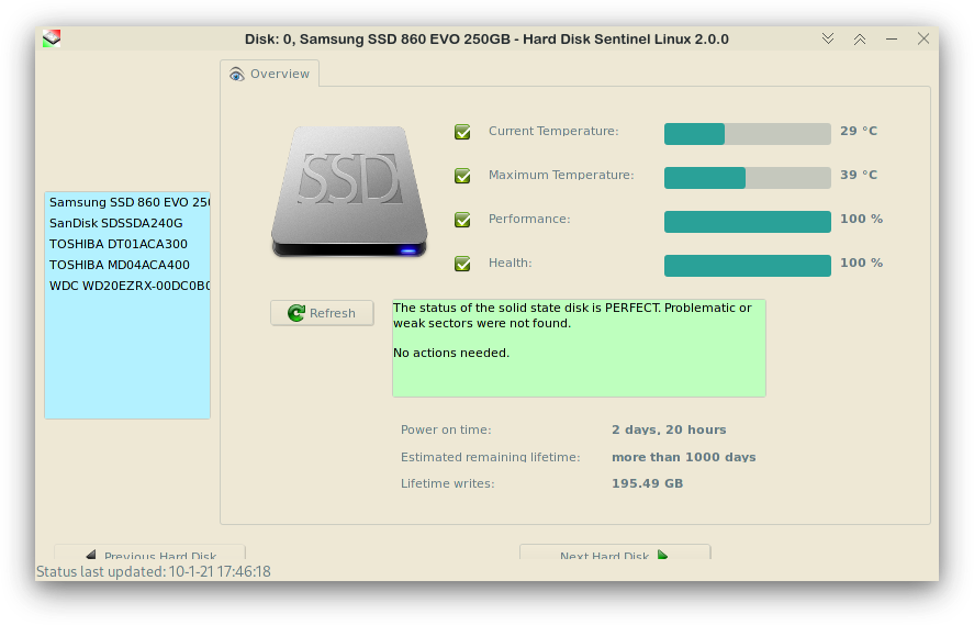 Screen (Disk: 0, Samsung SSD 860 EVO 250GB - Hard Disk Sentinel Linux 2.0.02021-01-10_17:46:33)