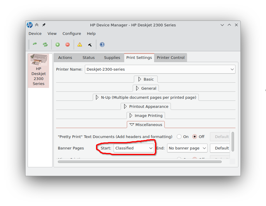 Printer always prints a page with "Classified" written on it Kernel